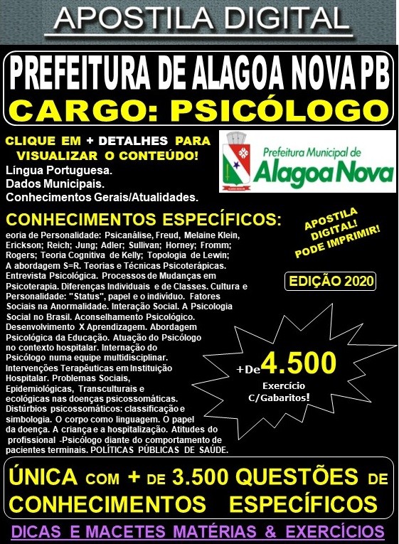 Apostila Prefeitura de ALAGOA NOVA PB - PSICÓLOGO - Teoria + 4.500 Exercícios - Concurso 2020
