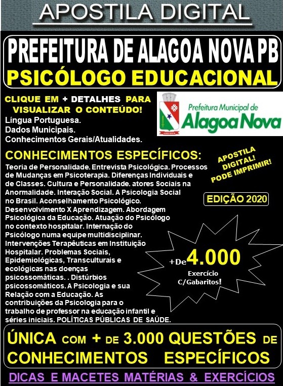 Apostila Prefeitura de ALAGOA NOVA PB - PSICÓLOGO EDUCACIONAL  - Teoria + 4.000 Exercícios - Concurso 2020