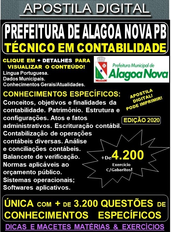 Apostila Prefeitura de ALAGOA NOVA PB - TÉCNICO EM CONTABILIDADE  - Teoria + 4.200 Exercícios - Concurso 2020