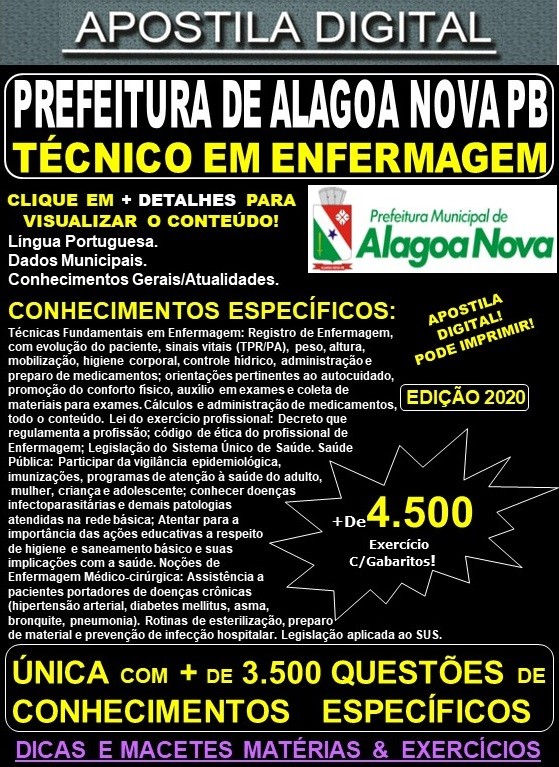 Apostila Prefeitura de ALAGOA NOVA PB - TÉCNICO EM ENFERMAGEM - Teoria + 4.500 Exercícios - Concurso 2020