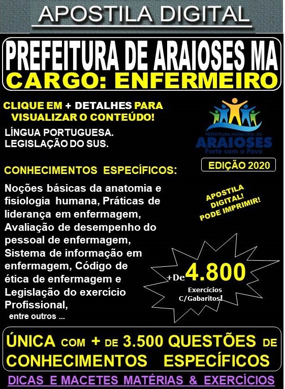 Apostila Prefeitura de Araioses MA - ENFERMEIRO - Teoria +4.800 Exercícios - Concurso 2020