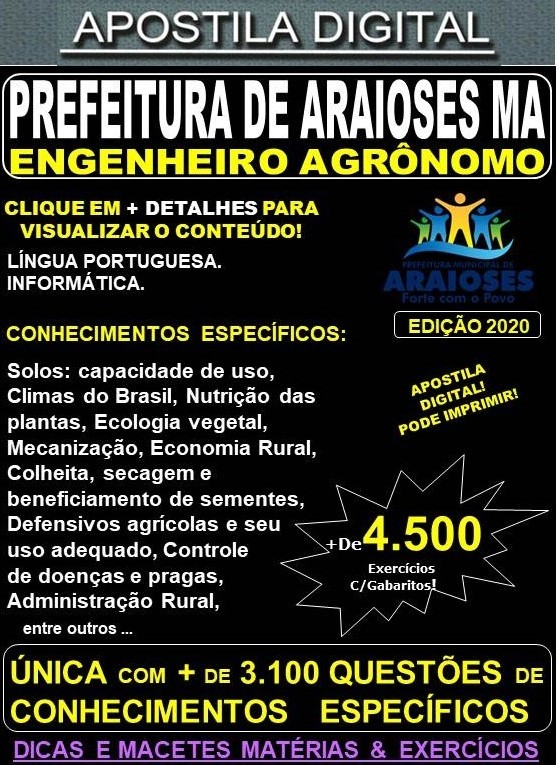 Apostila Prefeitura de Araioses MA - ENGENHEIRO AGRÔNOMO  - Teoria +4.500 Exercícios - Concurso 2020