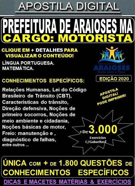 Apostila Prefeitura de Araioses MA - MOTORISTA  - Teoria +3.000 Exercícios - Concurso 2020