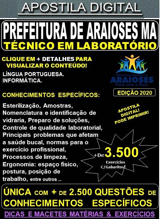 Apostila Prefeitura de Araioses MA - TÉCNICO EM LABORATÓRIO  - Teoria +3.500 Exercícios - Concurso 2020