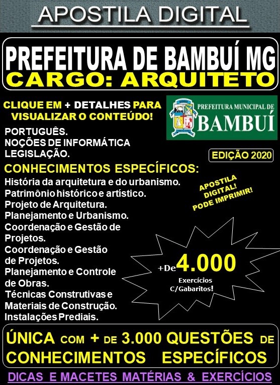 Apostila Prefeitura Municipal de Bambuí MG - ARQUITETO - Teoria + 4.000 Exercícios - Concurso 2020