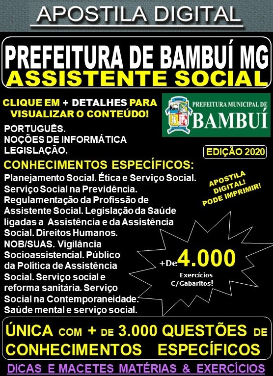 Apostila Prefeitura Municipal de Bambuí MG - ASSISTENTE SOCIAL - Teoria + 4.000 Exercícios - Concurso 2020