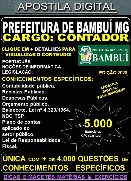 Apostila Prefeitura Municipal de Bambuí MG - CONTADOR - Teoria + 5.000 Exercícios - Concurso 2020