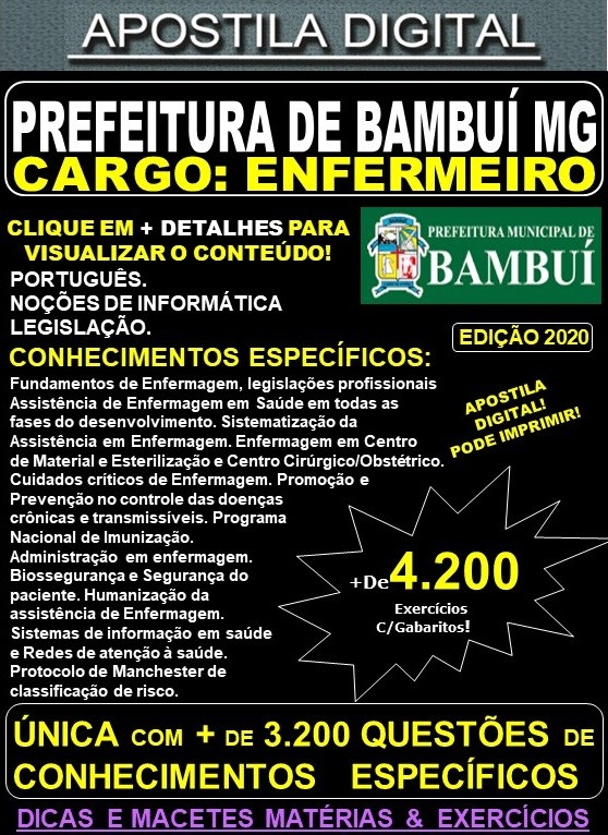 Apostila Prefeitura Municipal de Bambuí MG - ENFERMEIRO - Teoria + 4.200 Exercícios - Concurso 2020