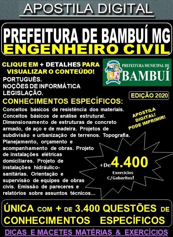 Apostila Prefeitura Municipal de Bambuí MG - ENGENHEIRO CIVIL - Teoria + 4.400 Exercícios - Concurso 2020