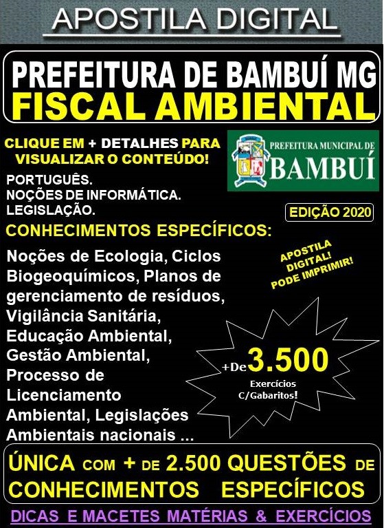 Apostila Prefeitura Municipal de Bambuí MG - FISCAL AMBIENTAL - Teoria + 3.500 Exercícios - Concurso 2020