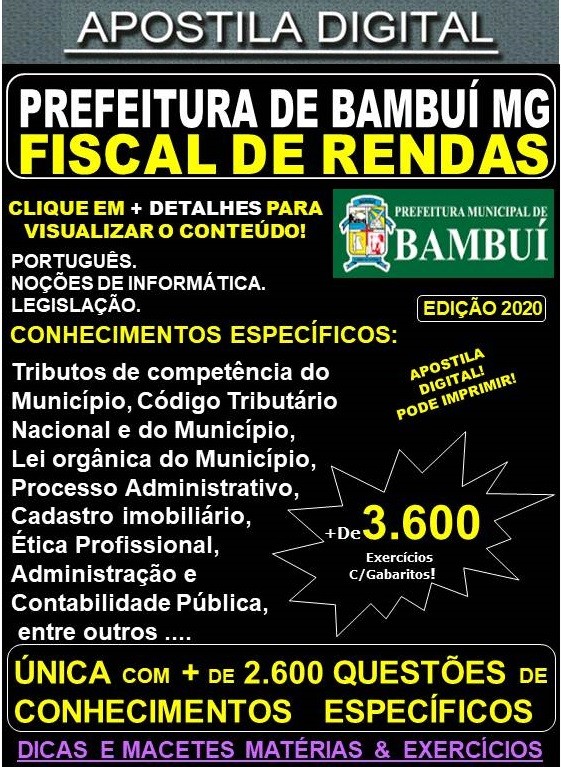 Apostila Prefeitura Municipal de Bambuí MG - FISCAL de RENDAS - Teoria + 3.600 Exercícios - Concurso 2020