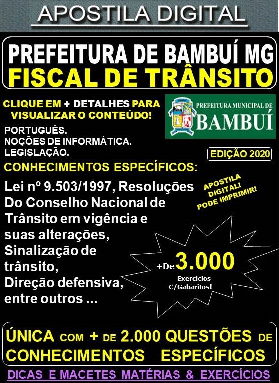 Apostila Prefeitura Municipal de Bambuí MG - FISCAL de TRÂNSITO - Teoria + 3.000 Exercícios - Concurso 2020