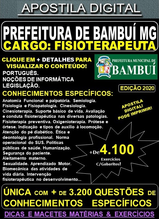 Apostila Prefeitura Municipal de Bambuí MG - FISIOTERAPEUTA - Teoria + 4.100 Exercícios - Concurso 2020