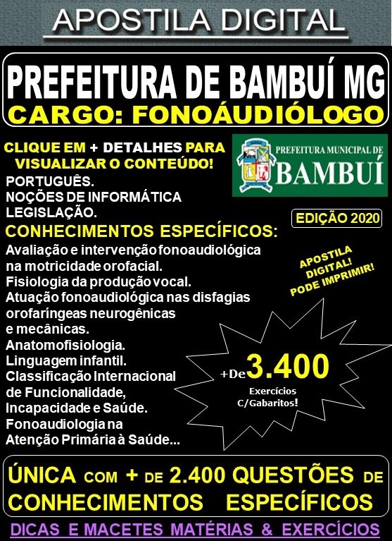 Apostila Prefeitura Municipal de Bambuí MG - FONOAUDIÓLOGO - Teoria + 3.400 Exercícios - Concurso 2020
