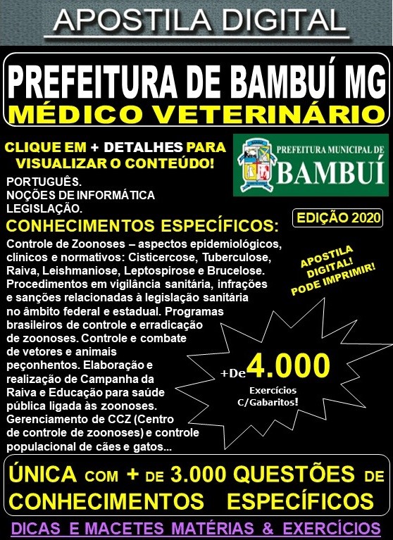 Apostila Prefeitura Municipal de Bambuí MG - MÉDICO VETERINÁRIO - Teoria + 4.000 Exercícios - Concurso 2020