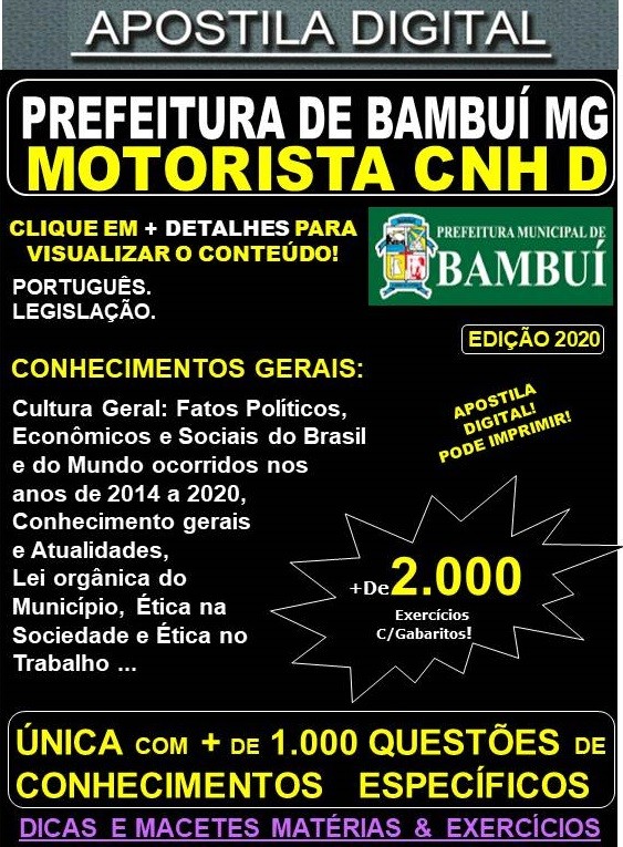 Apostila Prefeitura Municipal de Bambuí MG - MOTORISTA CNH D - Teoria + 2.000 Exercícios - Concurso 2020