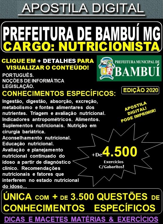 Apostila Prefeitura Municipal de Bambuí MG - NUTRICIONISTA - Teoria + 4.500 Exercícios - Concurso 2020