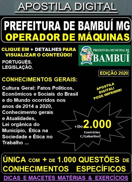 Apostila Prefeitura Municipal de Bambuí - OPERADOR de MÁQUINAS - Teoria + 2.000 Exercícios - Concurso 2020