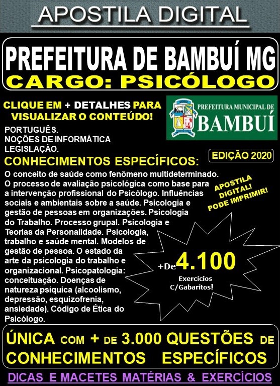 Apostila Prefeitura Municipal de Bambuí MG - PSICÓLOGO - Teoria + 4.100 Exercícios - Concurso 2020