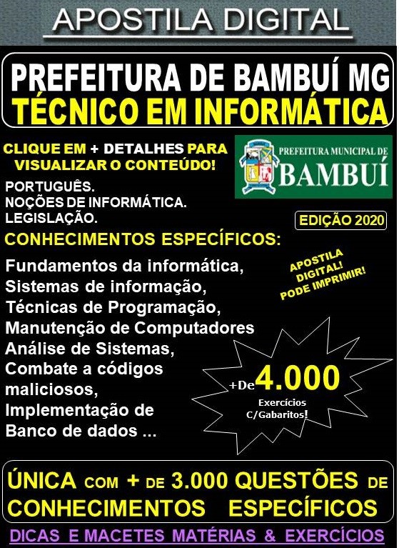 Apostila Prefeitura Municipal de Bambuí MG - TÉCNICO em INFORMÁTICA - Teoria + 4.000 Exercícios - Concurso 2020