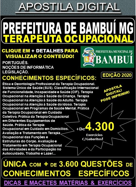 Apostila Prefeitura Municipal de Bambuí MG - TERAPEUTA OCUPACIONAL - Teoria + 4.300 Exercícios - Concurso 2020