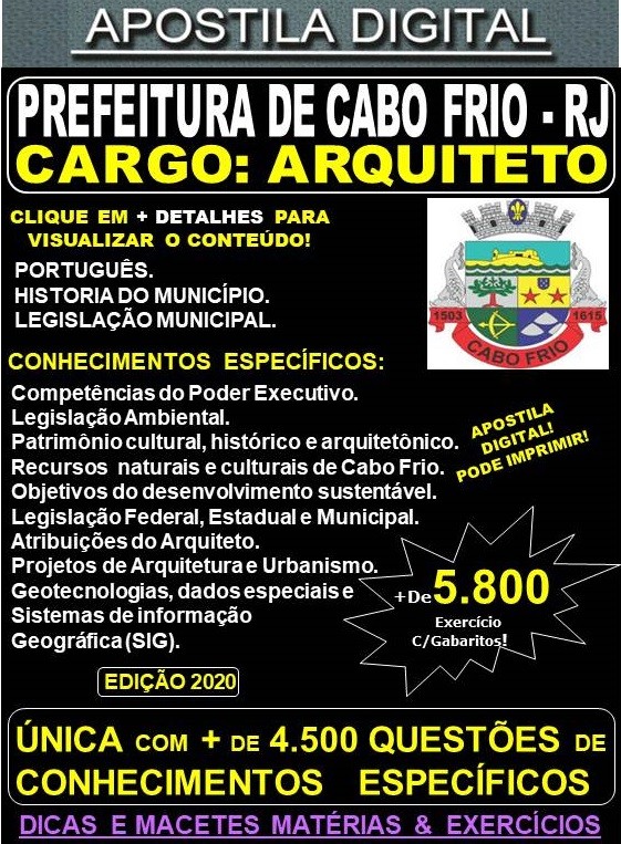 Apostila Prefeitura de CABO FRIO RJ - ARQUITETO  - Teoria + 5.800 Exercícios - Concurso 2020