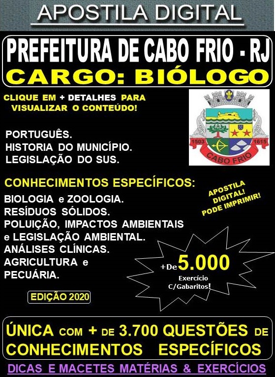 Apostila Prefeitura de CABO FRIO RJ - BIÓLOGO  - Teoria + 5.000 Exercícios - Concurso 2020