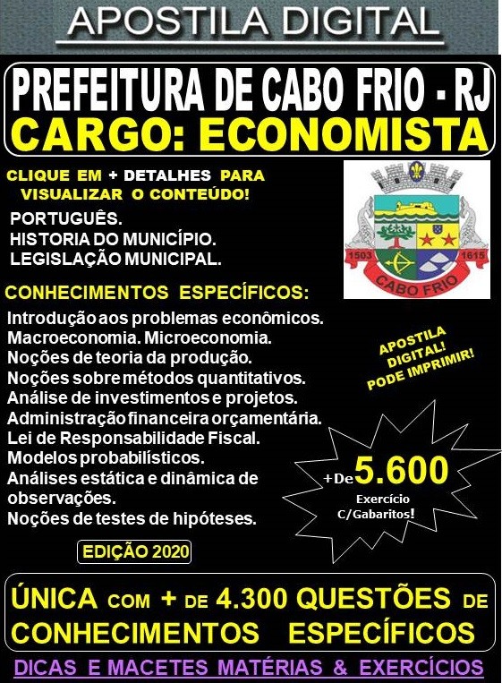 Apostila Prefeitura de CABO FRIO RJ - ECONOMISTA  - Teoria + 5.600 Exercícios - Concurso 2020