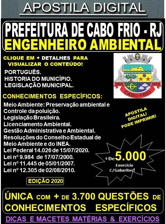 Apostila Prefeitura de CABO FRIO RJ - ENGENHEIRO AMBIENTAL  - Teoria + 5.000 Exercícios - Concurso 2020