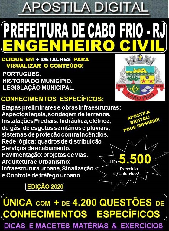 Apostila Prefeitura de CABO FRIO RJ - ENGENHEIRO CIVIL  - Teoria + 5.500 Exercícios - Concurso 2020