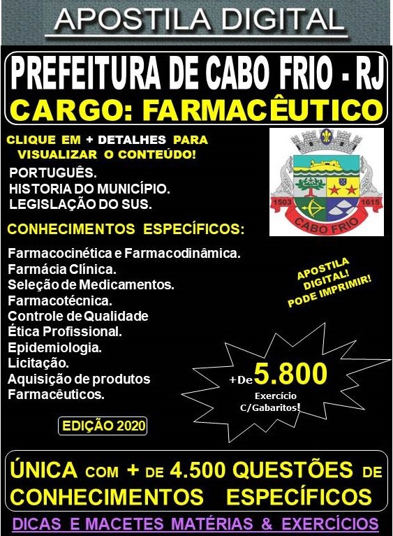 Apostila Prefeitura de CABO FRIO RJ - FARMACÊUTICO  - Teoria + 5.800 Exercícios - Concurso 2020