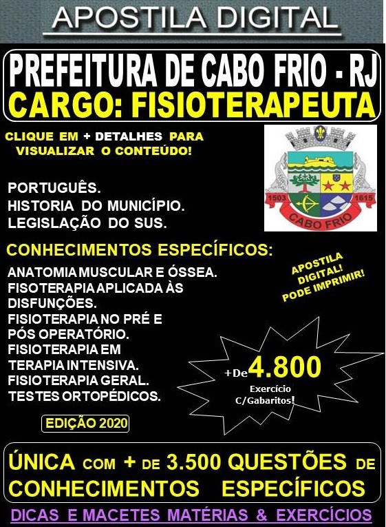 Apostila Prefeitura de CABO FRIO RJ - FISIOTERAPEUTA  - Teoria + 4.800 Exercícios - Concurso 2020