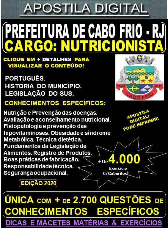 Apostila Prefeitura de CABO FRIO RJ - NUTRICIONISTA  - Teoria + 4.000 Exercícios - Concurso 2020