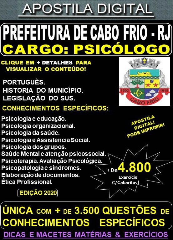 Apostila Prefeitura de CABO FRIO RJ - PSICÓLOGO  - Teoria + 4.800 Exercícios - Concurso 2020