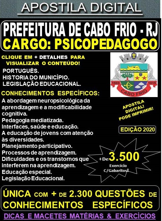 Apostila Prefeitura de CABO FRIO RJ - PSICOPEDAGOGO  - Teoria + 3.500 Exercícios - Concurso 2020
