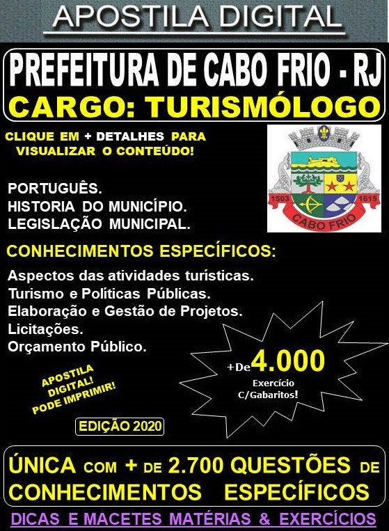 Apostila Prefeitura de CABO FRIO RJ - TURISMÓLOGO  - Teoria + 4.000 Exercícios - Concurso 2020
