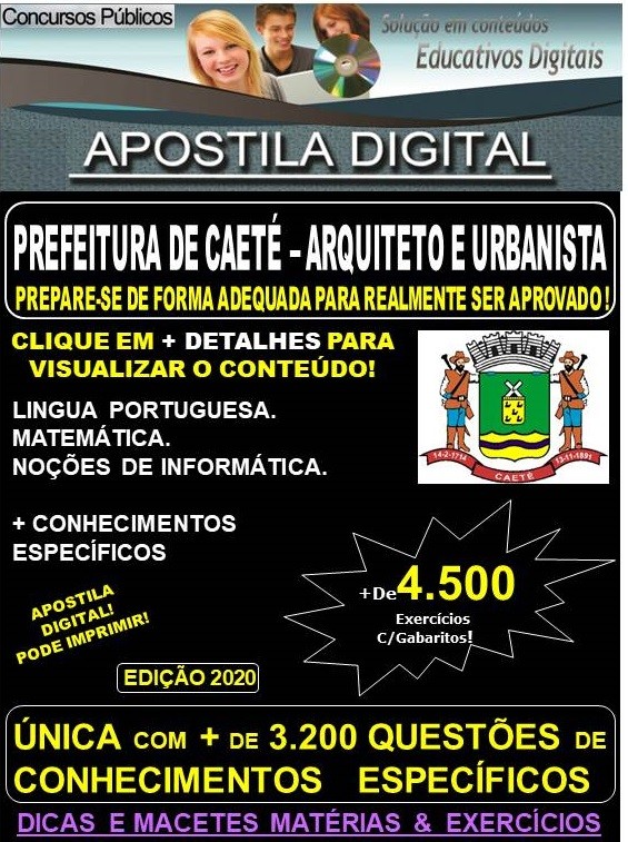 Apostila Prefeitura Municipal de Caeté MG  - ARQUITETO E URBANISTA  - Teoria + 4.500 Exercícios - Concurso 2020