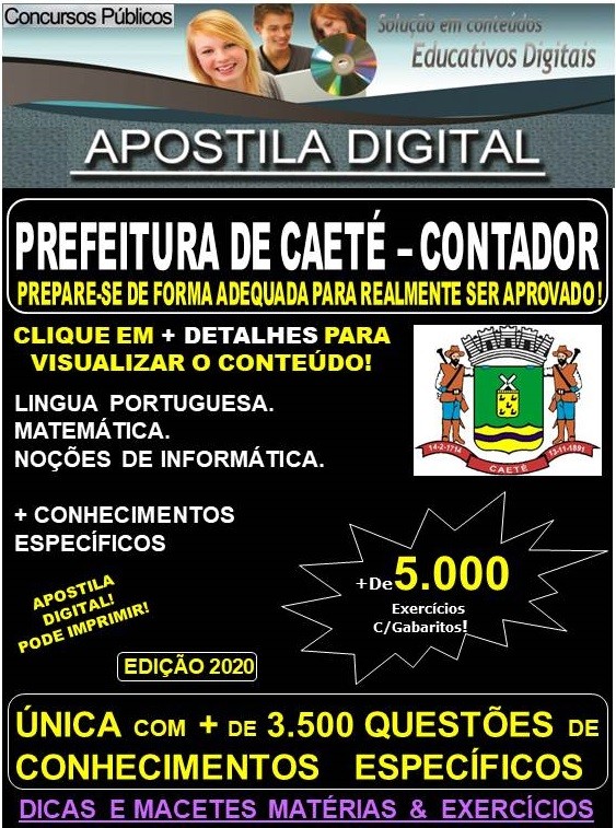 Apostila Prefeitura Municipal de Caeté MG  - CONTADOR  - Teoria + 5.000 Exercícios - Concurso 2020