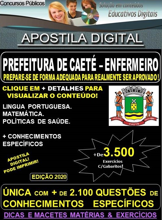 Apostila Prefeitura Municipal de Caeté MG  - ENFERMEIRO  - Teoria + 3.500 Exercícios - Concurso 2020