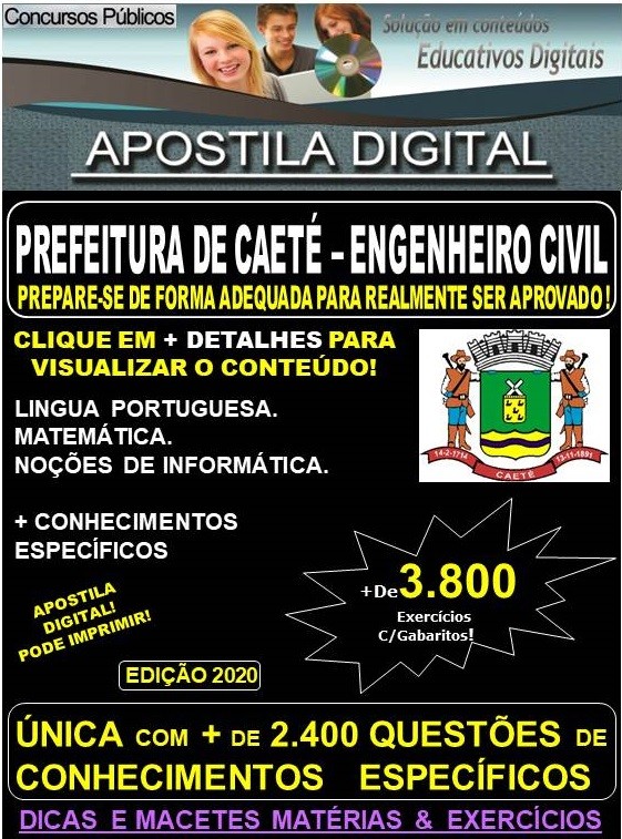 Apostila Prefeitura Municipal de Caeté MG  - ENGENHEIRO CIVIL  - Teoria + 3.800 Exercícios - Concurso 2020