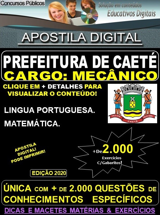 Apostila Prefeitura Municipal de Caeté MG - MECÂNICO - Teoria + 2.000 Exercícios - Concurso 2020 