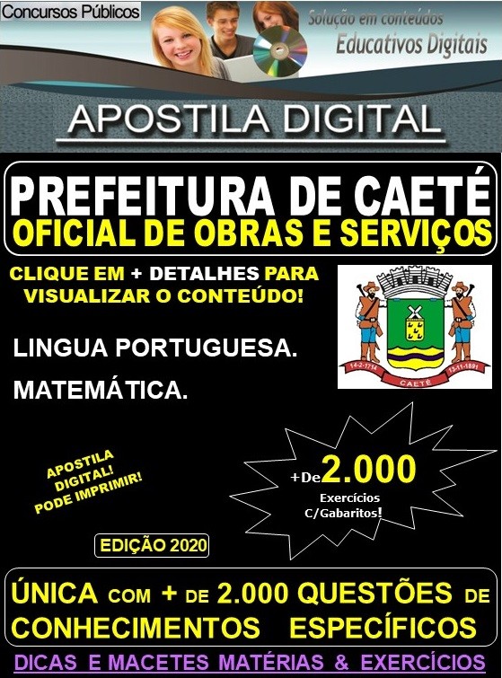 Apostila Prefeitura Municipal de Caeté MG - OFICIAL de OBRAS e SERVIÇOS - Teoria + 2.000 Exercícios - Concurso 2020 