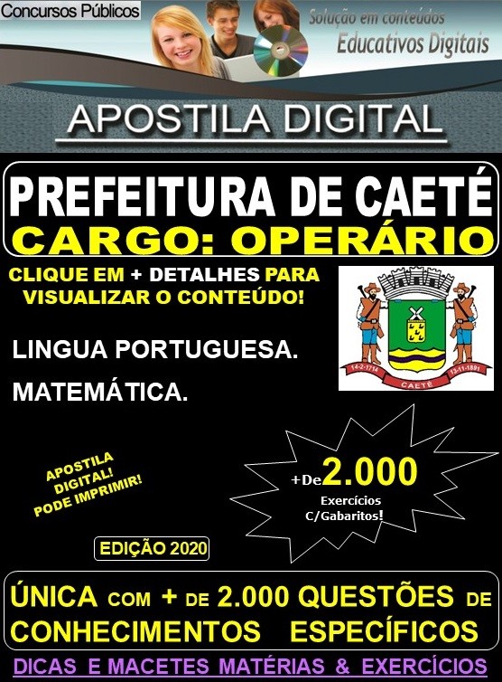 Apostila Prefeitura Municipal de Caeté MG - OPERÁRIO - Teoria + 2.000 Exercícios - Concurso 2020 