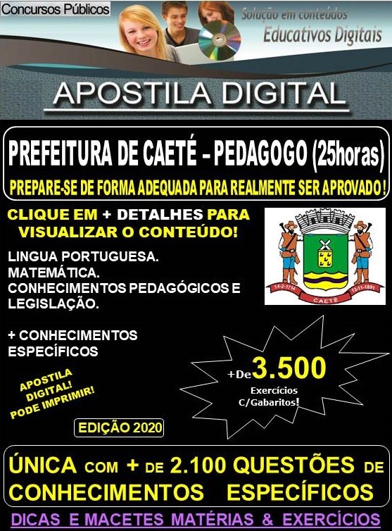 Apostila Prefeitura Municipal de Caeté MG  - PEDAGOGO  - Teoria + 3.500 Exercícios - Concurso 2020