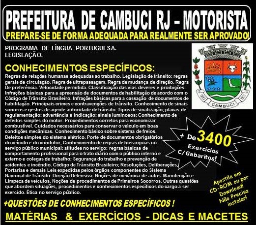 Apostila Prefeitura de Cambuci RJ - MOTORISTA - Teoria + 3.400 Exercícios - Concurso 2018