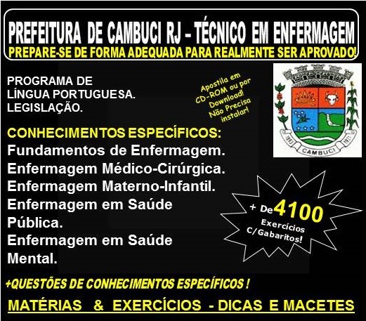 Apostila Prefeitura de Cambuci RJ - TECNICO em ENFERMAGEM - Teoria + 4.100 Exercícios - Concurso 2018