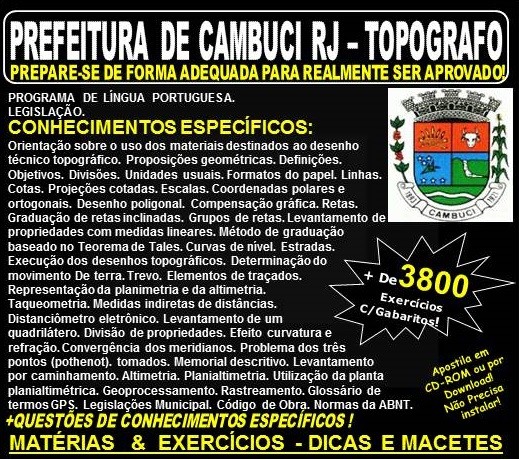 Apostila Prefeitura de Cambuci RJ - TOPÓGRAFO - Teoria + 3.800 Exercícios - Concurso 2018