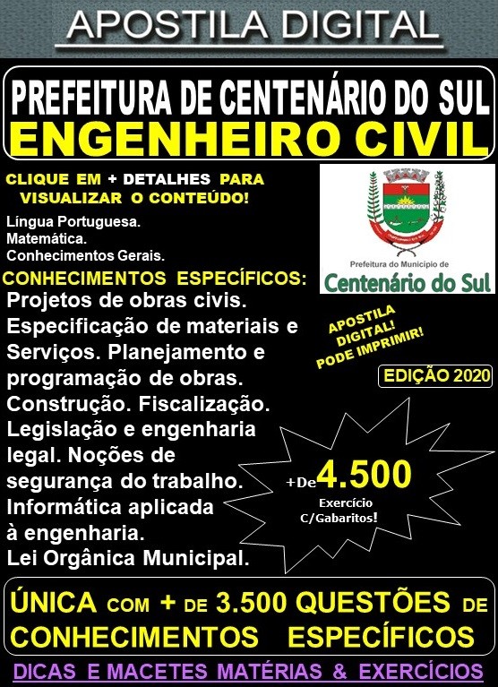 Apostila PREFEITURA de CENTENÁRIO do SUL PR - ENGENHEIRO CIVIL - Teoria + 4.500 Exercícios - Concurso 2020