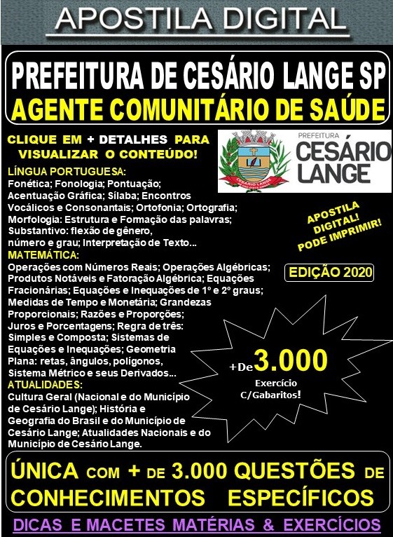 Apostila Prefeitura de CESÁRIO LANGE SP - AGENTE COMUNITÁRIO de SAÚDE - Teoria + 3.000 Exercícios - Concurso 2020