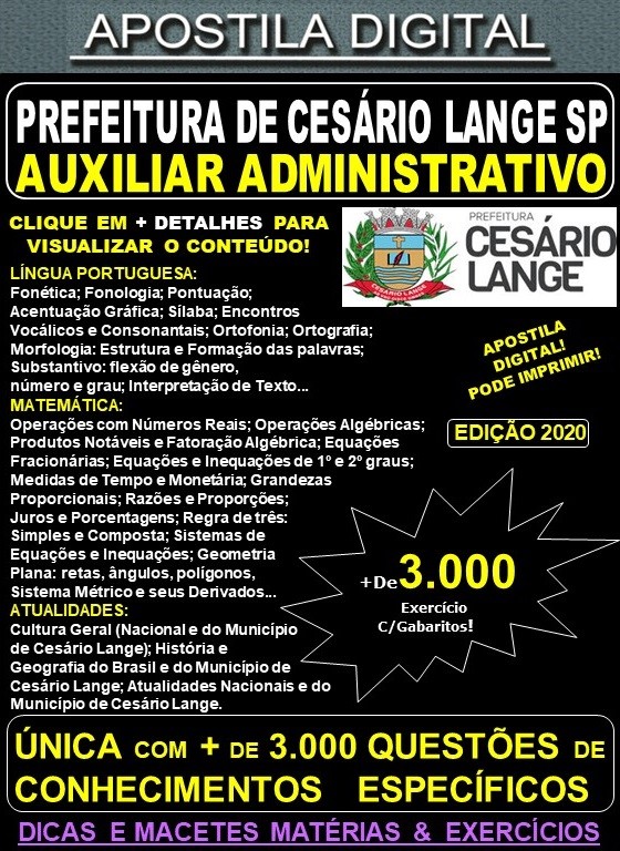 Apostila Prefeitura de CESÁRIO LANGE SP - AUXILIAR ADMINISTRATIVO - Teoria + 3.000 Exercícios - Concurso 2020